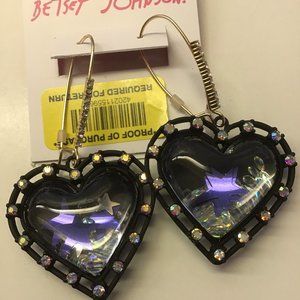 Betsey Johnson New Black Heart with Rhinestone Earrings